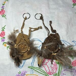 Bohemian Feather Dreamcatcher leather and feather medicine bag keychains x2